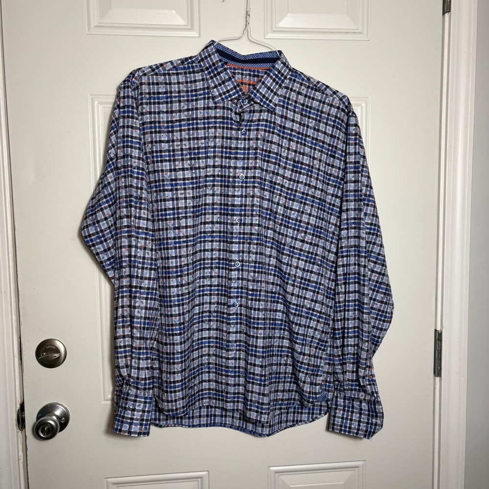 Visconti Black Mens XL Blue Plaid Long Sleeve Button Down Shirt Paisley Accents